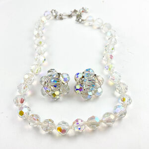 Vintage Aurora Borealis Iridescent Beaded Choker Necklace Clip on Earrings Set.